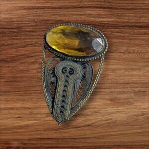 Vintage Czechoslovakia Filigree Goldtone Amber Glass Scarf Bar Pin‎